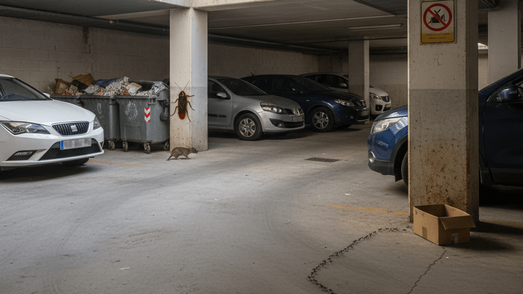 Imagen que muestra plagas en garajes comunitarios en Murcia, con ratas, cucarachas y hormigas alrededor de residuos y áreas húmedas, ilustrando la necesidad de un control profesional de plagas.