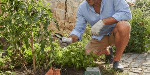 Imagen que muestra cómo detectar el origen de una plaga en Murcia, con una inspección visual de jardín y paredes con grietas, evidencia de insectos y trampas, ilustrando señales tempranas de infestación
