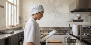 Inspector realizando inspecciones de sanidad por plagas Murcia en un restaurante, mostrando cumplimiento de la normativa sanitaria