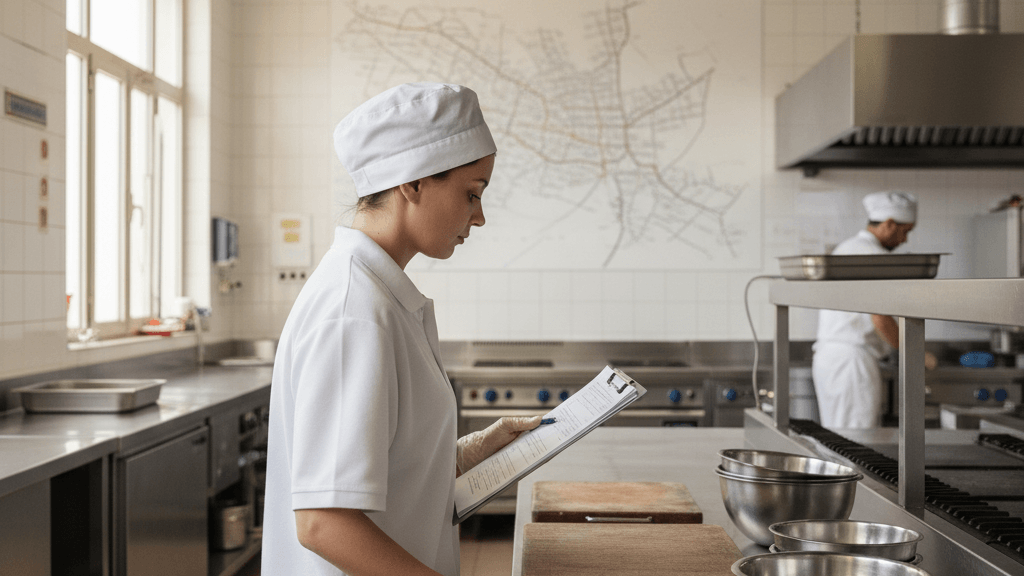 Inspector realizando inspecciones de sanidad por plagas Murcia en un restaurante, mostrando cumplimiento de la normativa sanitaria