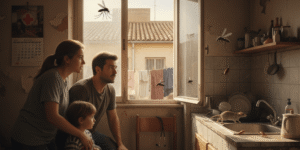 Imagen que ilustra los riesgos de las plagas para la salud en Murcia, con mosquitos, roedores y señales de alerta en un entorno doméstico y urbano que refleja la preocupación de una familia por la contaminación y las enfermedades transmitidas.