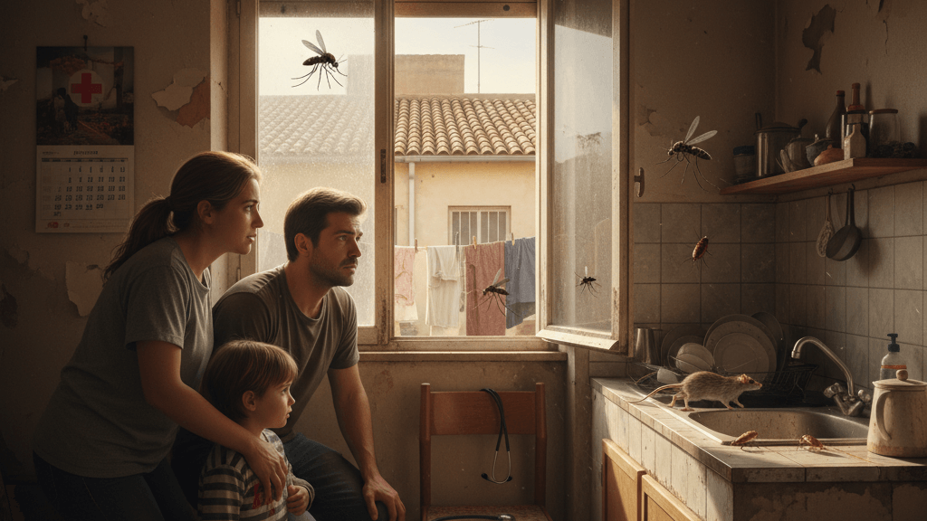 Imagen que ilustra los riesgos de las plagas para la salud en Murcia, con mosquitos, roedores y señales de alerta en un entorno doméstico y urbano que refleja la preocupación de una familia por la contaminación y las enfermedades transmitidas.