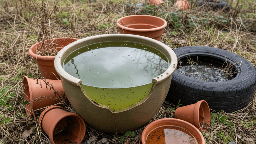 Platos de macetas con agua estancada que generan mosquitos en residencias murcianas
