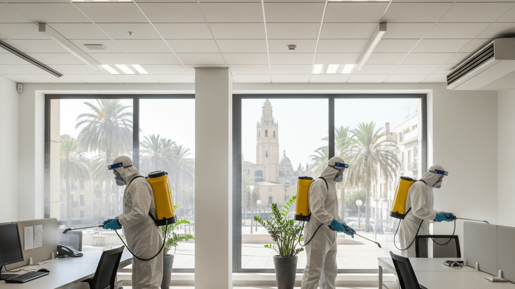 Equipo de desinfección realizando limpieza profunda en áreas comunes, empresa de desinfección Murcia