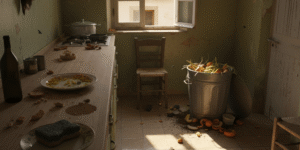 Imagen que muestra cosas que atraen insectos en casa Murcia, como restos de comida, humedad, agua estancada y grietas en puertas y ventanas