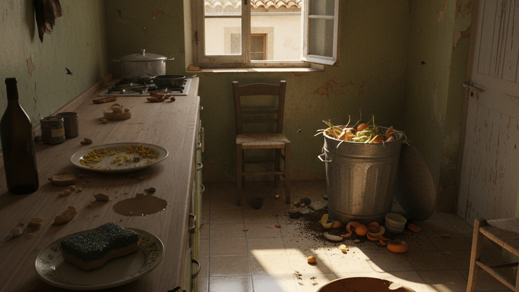 Imagen que muestra cosas que atraen insectos en casa Murcia, como restos de comida, humedad, agua estancada y grietas en puertas y ventanas