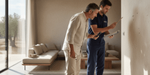Imagen que muestra cómo actuar cuando tienes plagas en casa Murcia qué hacer, con un residente inspeccionando su hogar y un técnico de control de plagas listo para ayudar