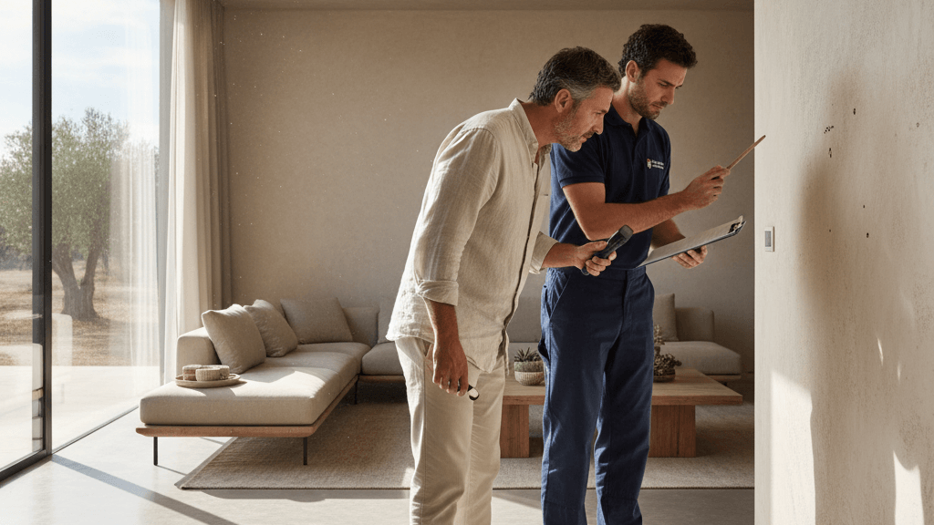 Imagen que muestra cómo actuar cuando tienes plagas en casa Murcia qué hacer, con un residente inspeccionando su hogar y un técnico de control de plagas listo para ayudar
