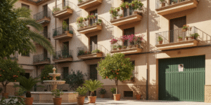 Imagen que muestra un edificio residencial en Murcia con señales de plagas en zonas comunes, como cucarachas, ratones y avispas, ilustrando el problema de plagas en comunidades Murcia