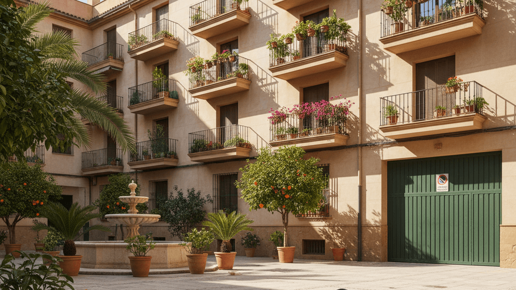 Imagen que muestra un edificio residencial en Murcia con señales de plagas en zonas comunes, como cucarachas, ratones y avispas, ilustrando el problema de plagas en comunidades Murcia