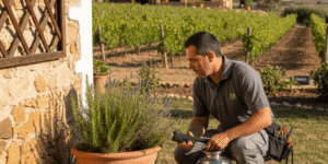 Imagen que ilustra la prevención continua de plagas en Murcia, mostrando a un técnico inspeccionando una vivienda y jardín para evitar infestaciones