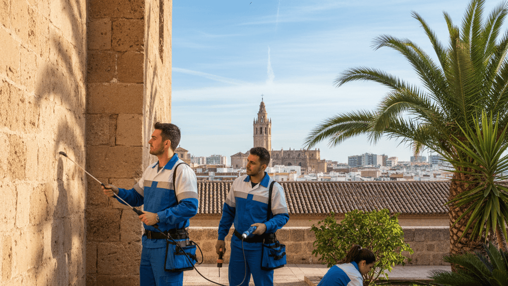 Profesional de una empresa de desinfección Murcia realizando control de plagas en garaje comunitario