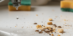 Imagen que muestra cucarachas pequeñas en una cocina, con restos de comida y humedad, ilustrando la infestación y la necesidad de prevención