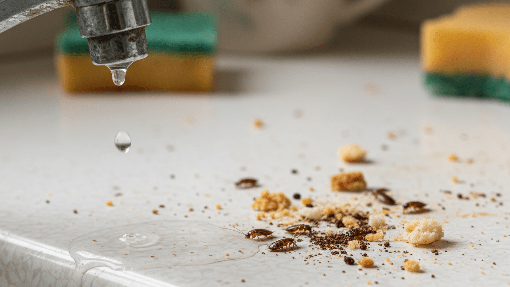 Imagen que muestra cucarachas pequeñas en una cocina, con restos de comida y humedad, ilustrando la infestación y la necesidad de prevención