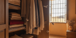 Fotografía que muestra la plaga de polillas Murcia en una vivienda, con polillas volando alrededor de ropa y alimentos almacenados