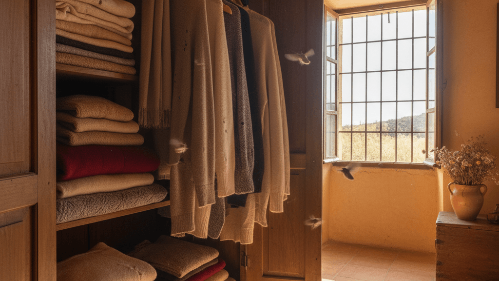 Fotografía que muestra la plaga de polillas Murcia en una vivienda, con polillas volando alrededor de ropa y alimentos almacenados