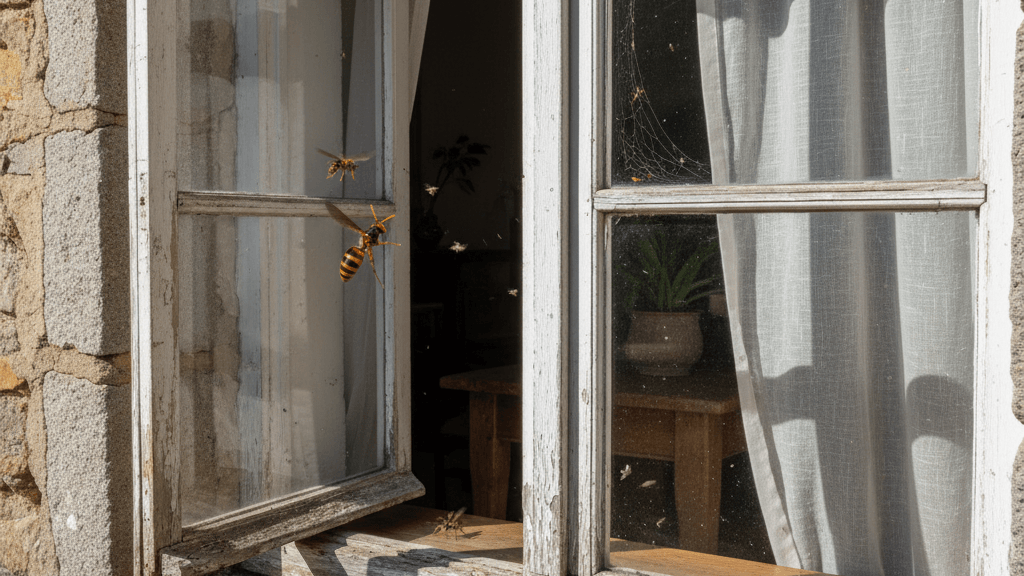 Ventanas con marcos deteriorados y moscas entrando, problema de plagas en verano