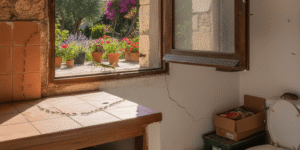 Imagen que muestra las zonas de casa donde más plagas aparecen en verano, como la cocina con hormigas, el baño con cucarachas, el garaje con roedores, la ventana con moscas y el jardín con insectos, ilustrando los puntos críticos de infestación.
