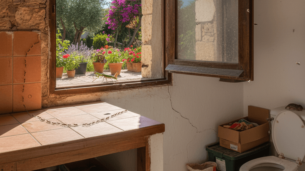 Imagen que muestra las zonas de casa donde más plagas aparecen en verano, como la cocina con hormigas, el baño con cucarachas, el garaje con roedores, la ventana con moscas y el jardín con insectos, ilustrando los puntos críticos de infestación.