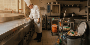 Imagen que muestra una cocina de restaurante con grietas, basura sin tapar y una cucaracha, ilustrando los riesgos de Plagas en locales de hostelería y la necesidad de un control profesional.