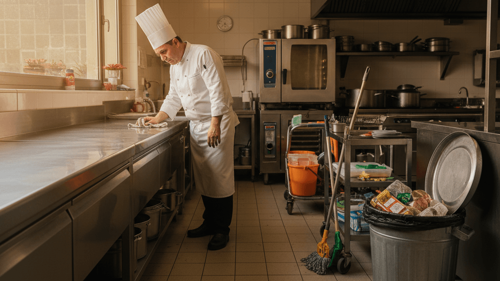 Imagen que muestra una cocina de restaurante con grietas, basura sin tapar y una cucaracha, ilustrando los riesgos de Plagas en locales de hostelería y la necesidad de un control profesional.