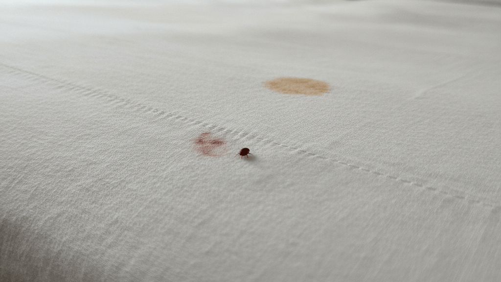 Imagen que muestra señales de chinches en casa, como una picadura en la sábana, una chinche visible en el colchón y una mancha sospechosa en la almohada, ayudando a reconocer la infestación.