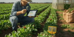 Imagen que muestra la prevención y control de plagas y enfermedades en un cultivo, con agricultores inspeccionando plantas, trampas de monitoreo y enemigos naturales como mariquitas, reflejando prácticas sostenibles y gestión integrada.