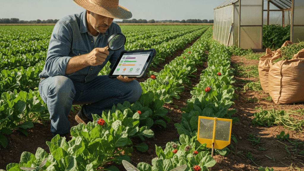 Imagen que muestra la prevención y control de plagas y enfermedades en un cultivo, con agricultores inspeccionando plantas, trampas de monitoreo y enemigos naturales como mariquitas, reflejando prácticas sostenibles y gestión integrada.