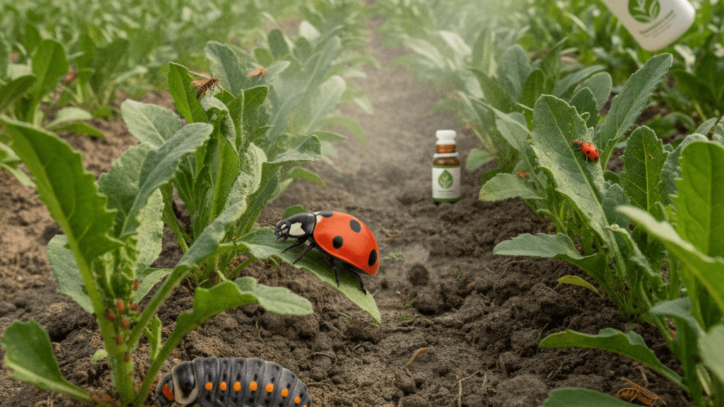 Ladybugs y parasitoides sobre plantas como método de control biológico de plagas