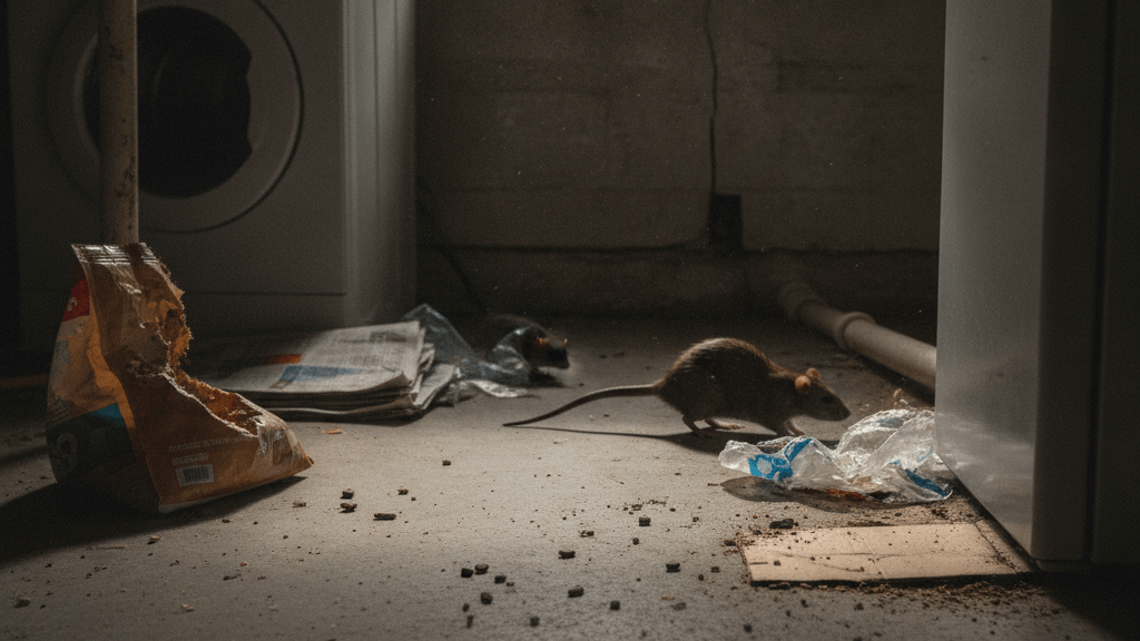 Señales de presencia de ratas en el hogar como excrementos y daños