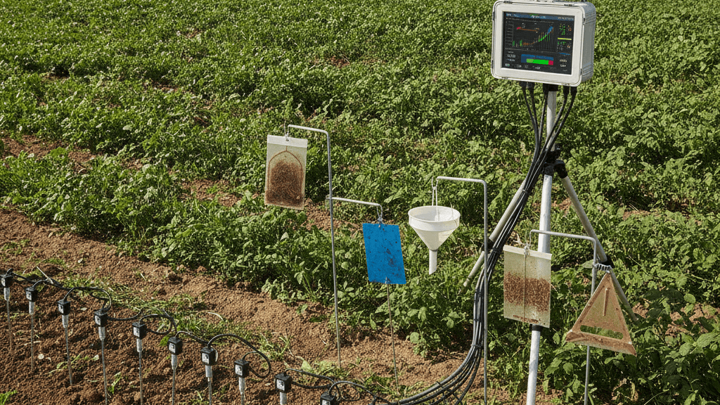 Sensor de humedad y temperatura instalado en campo para monitorear riesgos de enfermedades